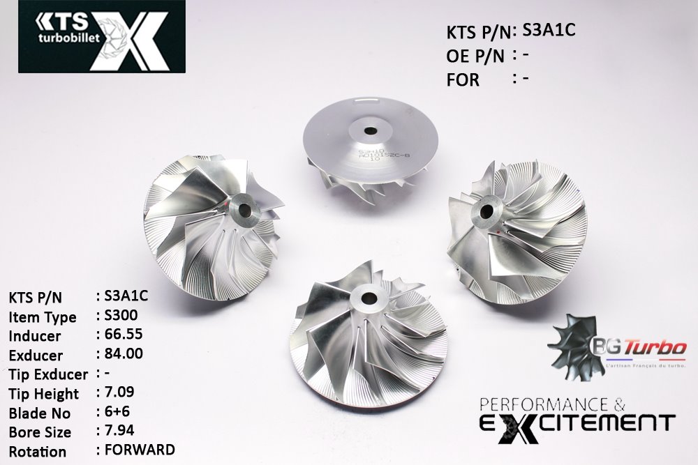 Turbo ROUE FORGÉE MFS PERFORMANCE - 6+6 PALES - INDUCER : 66,55 - EXDUCER : 84 - TYPE : S300ANGLE : 55° - ROTATION : Forward - SUPER BACK : 4,97 - BORE SIZE : 7,94
